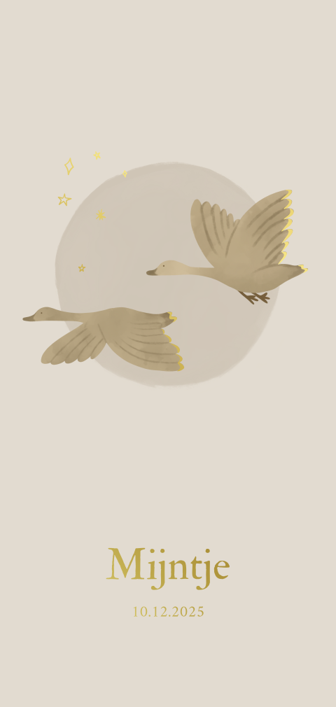 Geboortekaartje in beige met ganzen en goudfolie