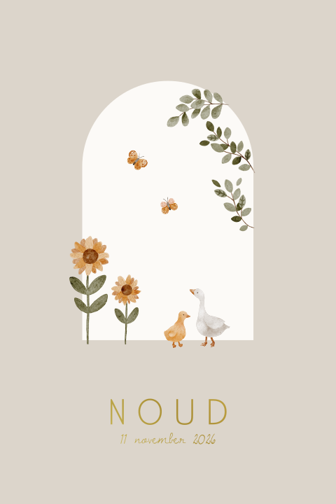 Beige geboortekaartje met boog, eendjes, vlinder en zonnebloemen