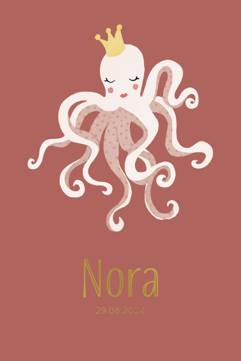 Roze geboortekaartje met inktvis