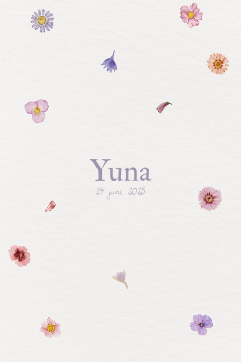 Lief geboortekaartje met roze en lila bloemen