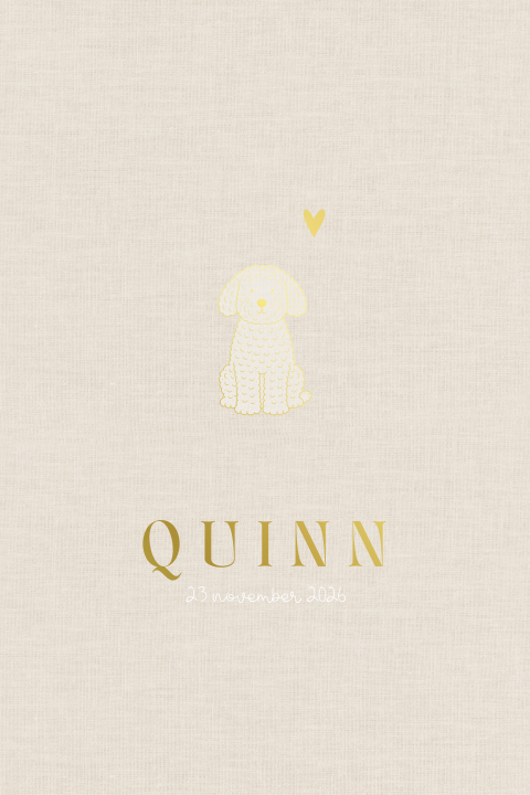 Linnen look geboortekaartje met hond in goudfolie