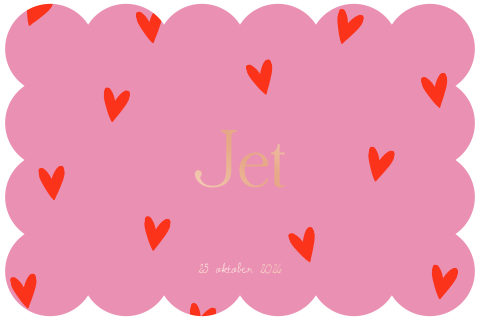 Roze geboortekaartje met golfrand, hartjes en goudfolie