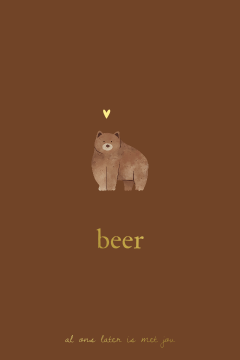Bruin geboortekaartje met beer en goudfolie