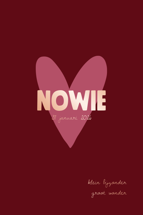 Geboortekaartje bordeauxrood met hartje en roségoud