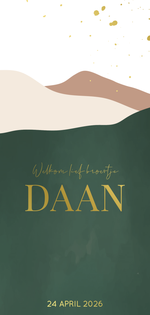 Geboortekaartje groene bergen goudfolie broertje