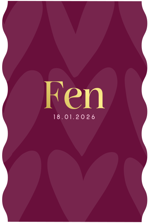 Geboortekaartje bordeaux met hartjes en goudfolie