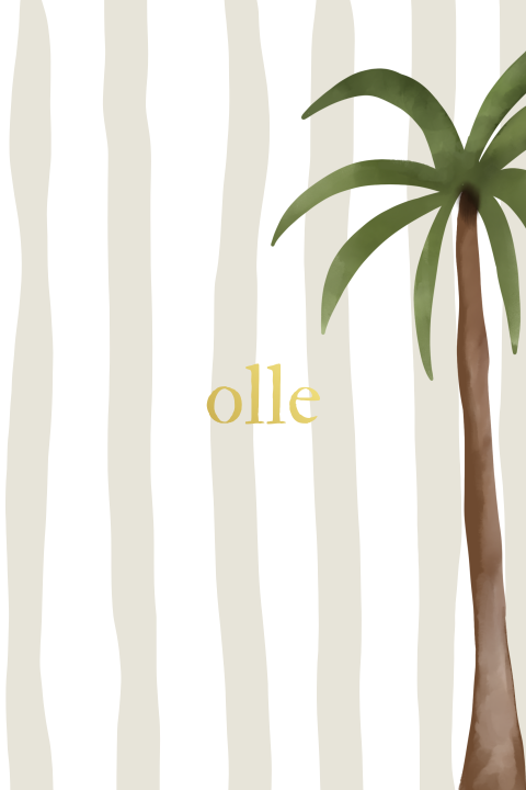 Beige gestreept geboortekaartje met palmboom - voor zomerkindjes