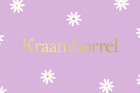 Lila kraamborrel kaartje met witte bloemen en goudfolie