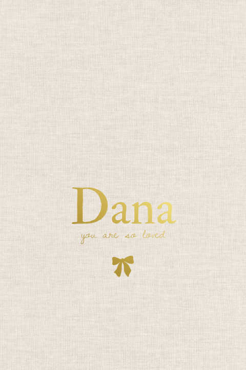 Linnen look geboortekaartje staand met strikje en goudfolie