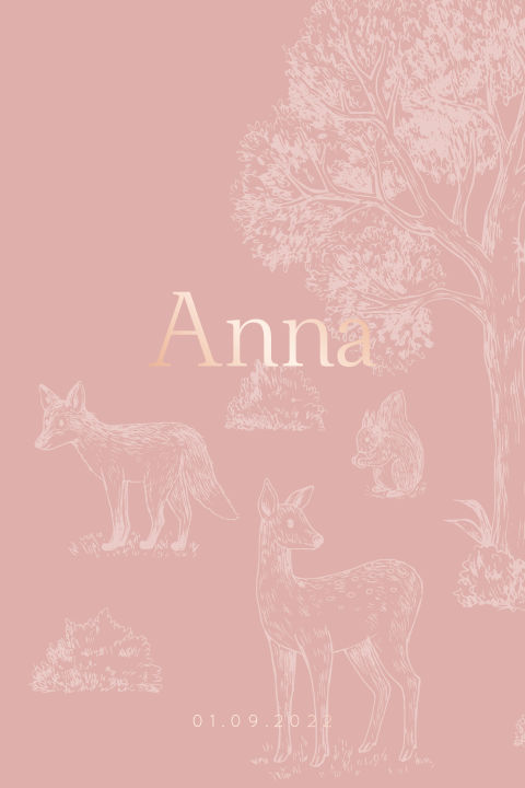 Roze geboortekaartje met bosdieren en rosegoude folie