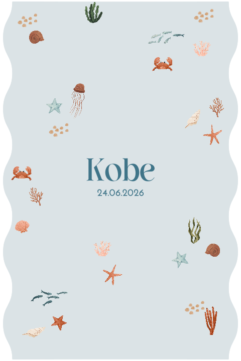 Blauw geboortekaartje met golfrand en onderwaterwereld