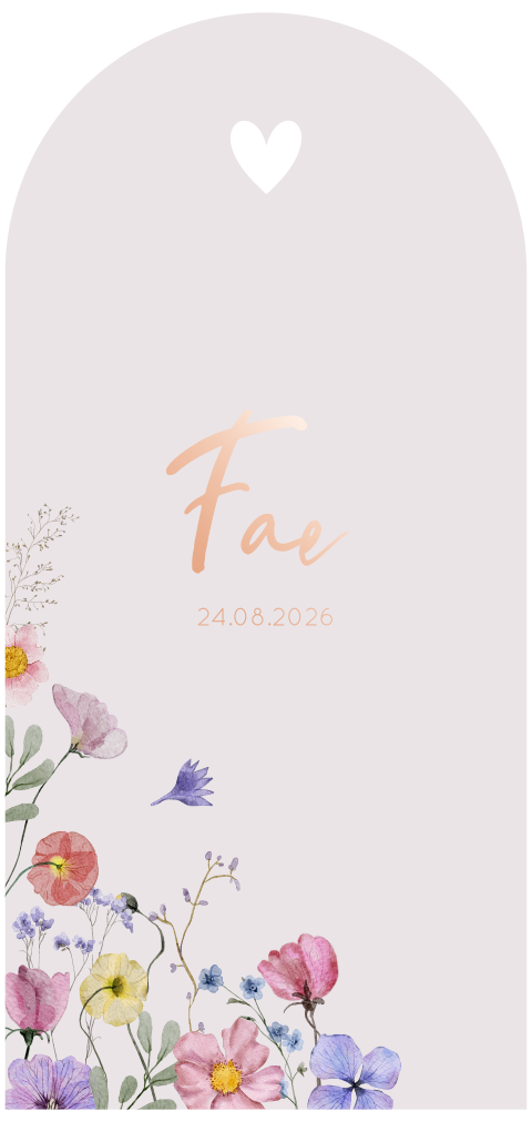 Geboortekaartje met droogbloemen - in boogvorm met hartje