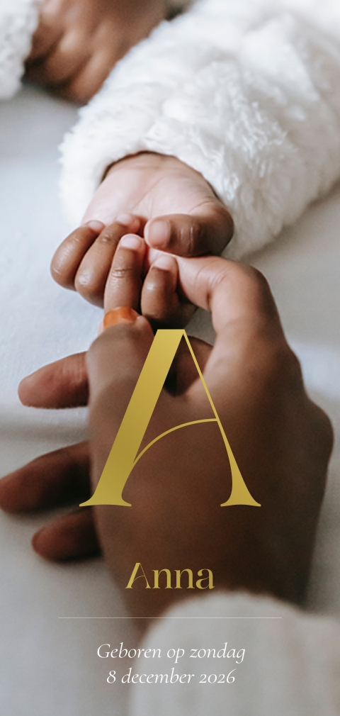 Langwerpig geboortekaartje met foto en letter