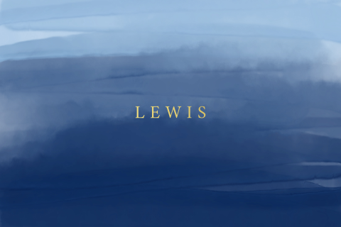 Waterverf geboortekaartje in blauw met naam in goudfolie