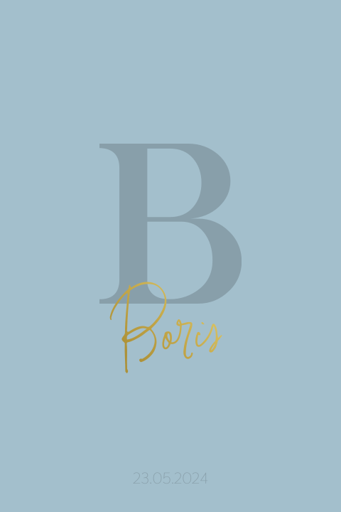 Geboortekaartje met letter - blauw met koperfolie