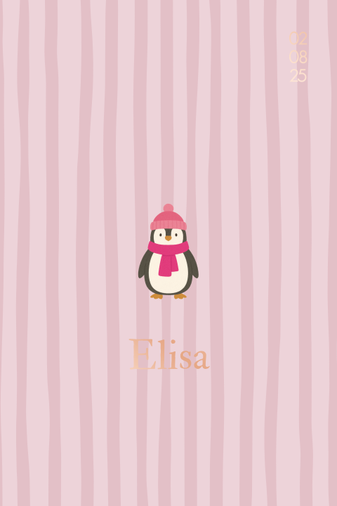 Geboortekaartje met pinguin met roze muts en sjaal