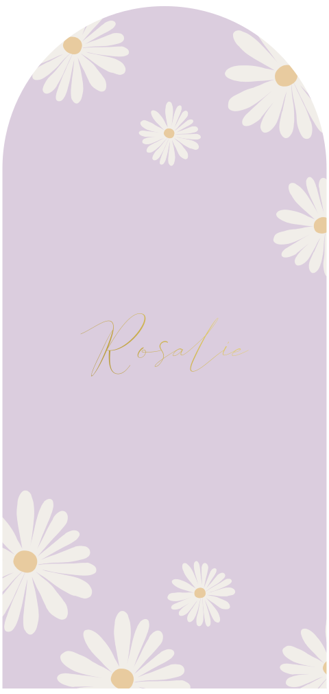 Lila geboortekaartje in boogvorm met madeliefjes