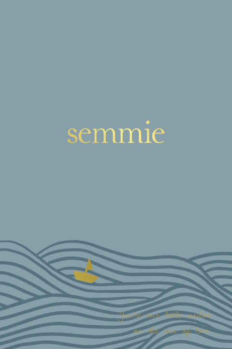 Blauw geboortekaartje met zee en bootje in goudfolie