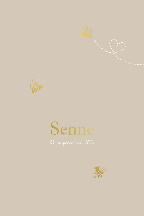 Beige geboortekaartje met bijtjes in goudfolie