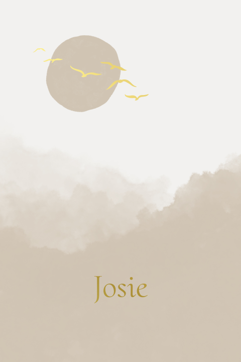 Beige geboortekaartje met zon en vogels in goudfolie