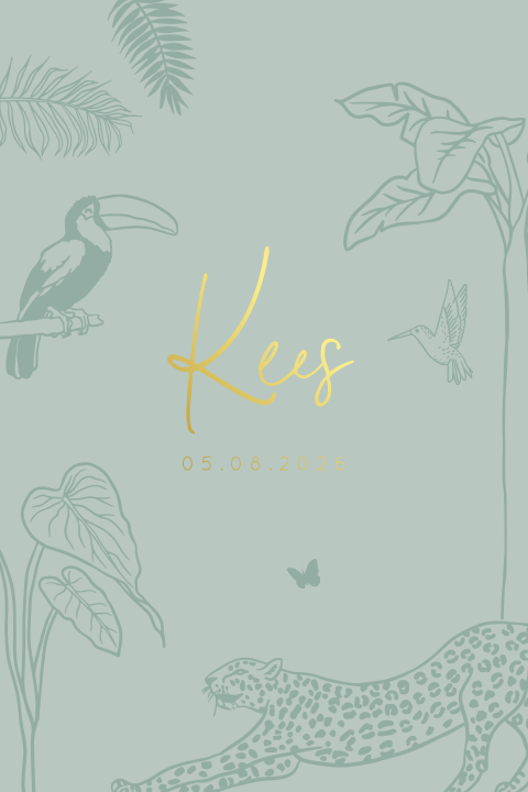 Blauw geboortekaartje met jungle dieren en goudfolie