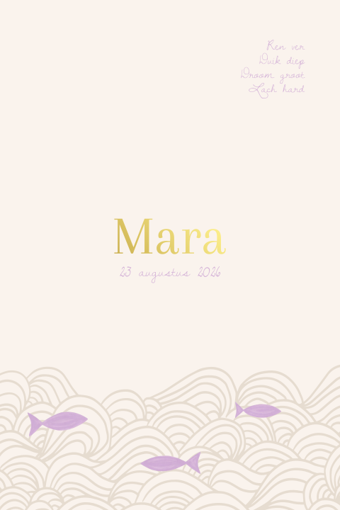 Creme geboortekaartje met golven en visjes