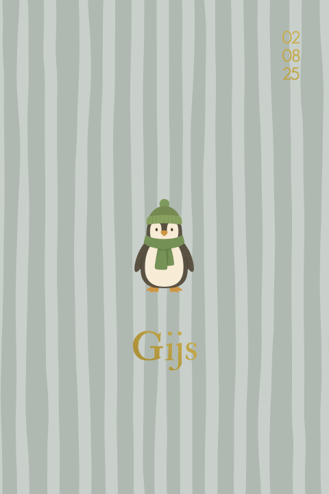 Geboortekaartje met pinguin met groene muts en sjaal