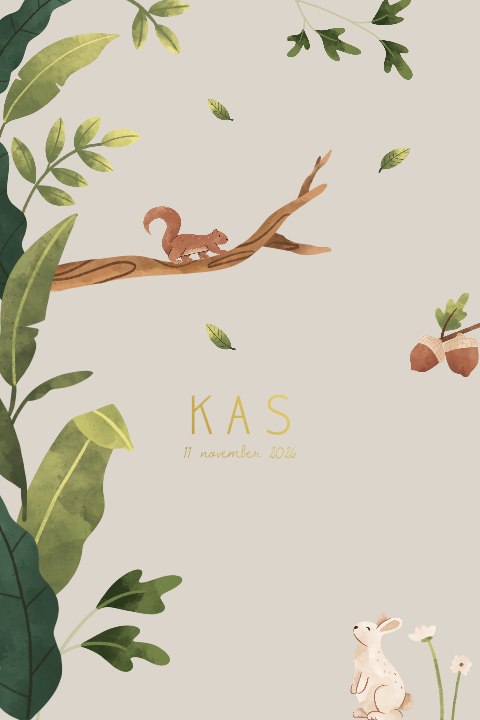 Beige geboortekaartje met bosdieren (konijn en eekhoorn)
