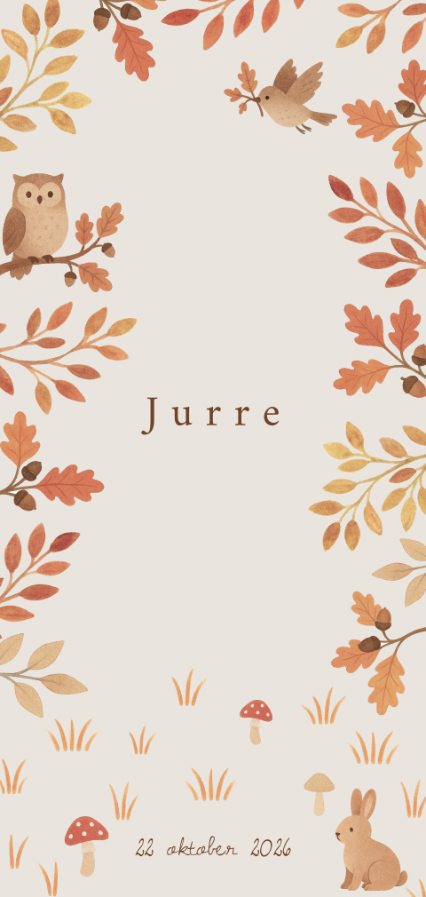 Langwerpig geboortekaartje met herfstbladeren en dieren