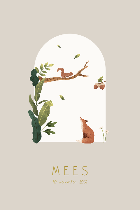 Beige geboortekaartje met bosdieren in boog (vos en eekhoorn)