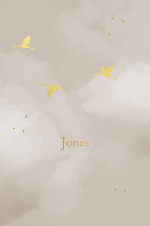 Beige Geboortekaartje met Wolken, Kraanvogels en Sterren