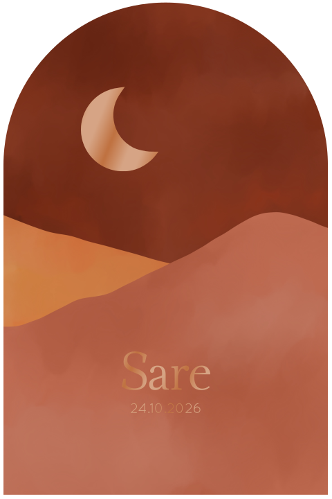 Geboortekaartje met bergen en maan in koperfolie | terracotta