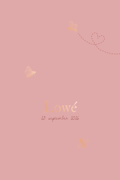 Roze geboortekaartje met bijtjes in rosegoudfolie