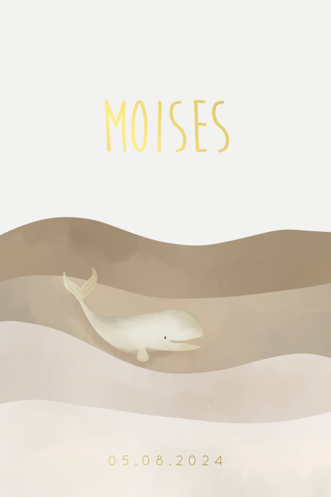 Beige geboortekaartje met walvis
