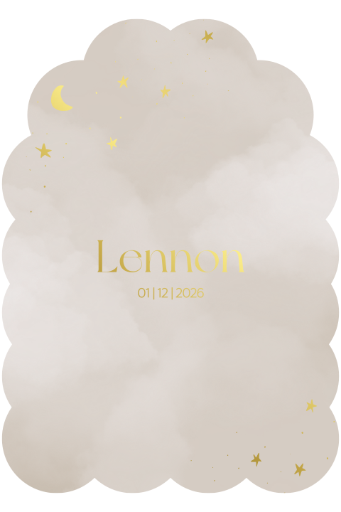 Beige geboortekaartje in boogvorm met golfrand - maan en sterren