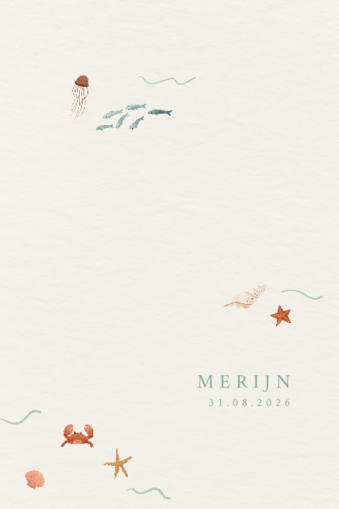 Minimalistisch geboortekaartje met zeedieren