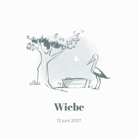 Enkel geboortekaartje wieg boom ooievaar