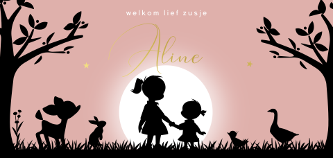 Geboortekaartje twee zusjes goudfolie silhouet