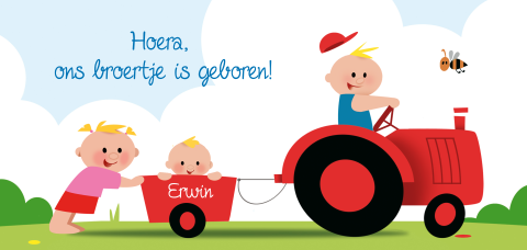 Geboortekaartje drie kinderen tractor
