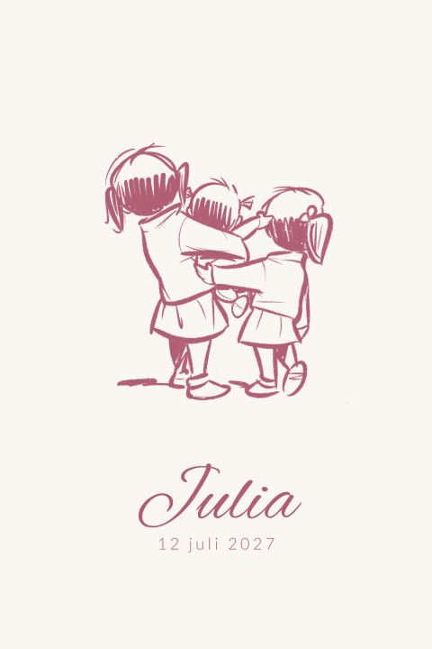 Geboortekaartje lijntekening twee grote zussen kleine baby