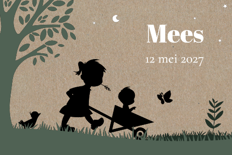 Geboortekaartje kraft meisje en jongetje kruiwagen silhouet