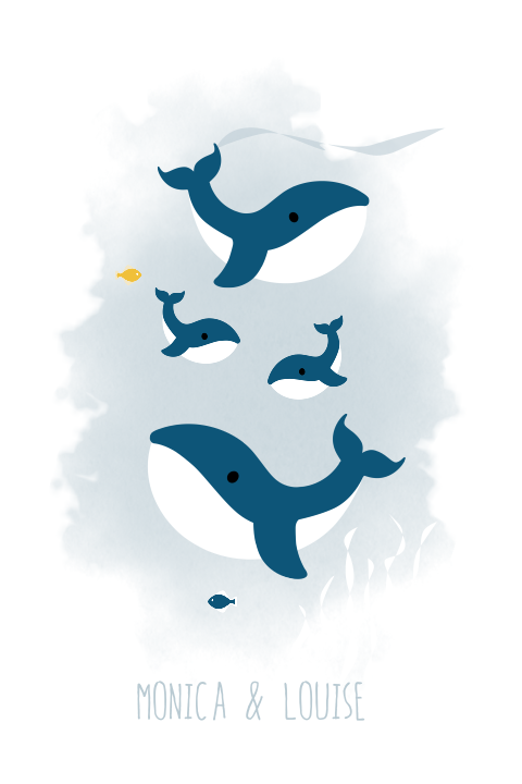 Geboortekaartje tweeling walvissen blauw zee