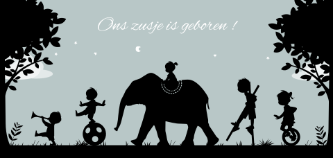 Geboortekaartje vijf kinderen circusoptocht olifant