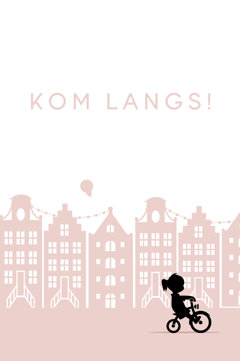 Uitnodiging kraamfeest grachtenpanden slinger ballon silhouet