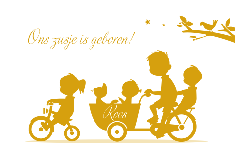 Geboortekaartje vier kinderen fiets en bakfiets