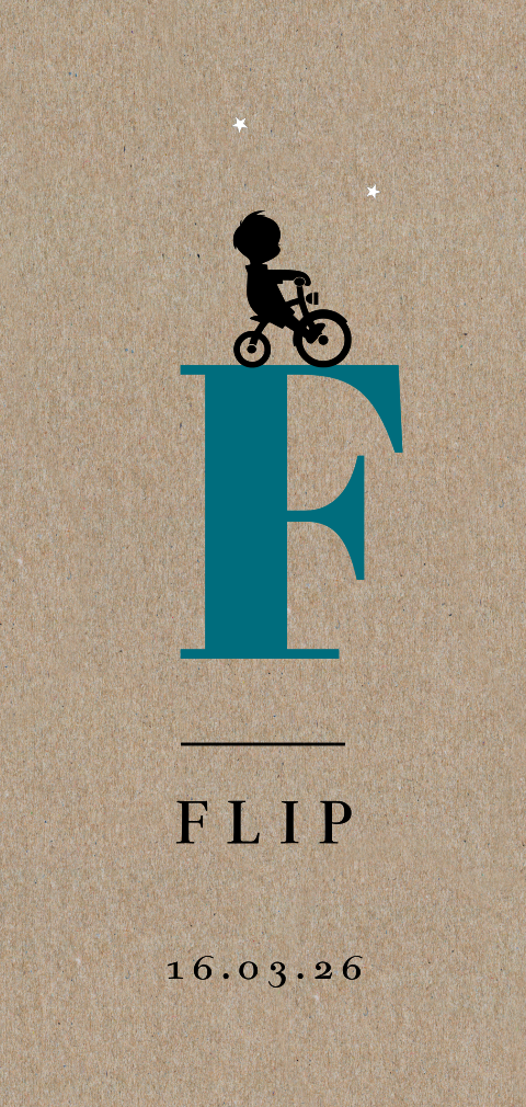 typografisch geboortekaartje kraft jongen met fiets op letter