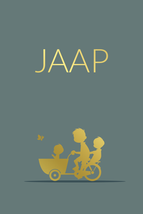 Geboortekaartje goudfolie derde kind silhouet bakfiets.