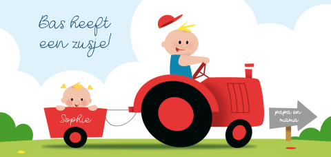 Geboortekaartje illustratie grote broer kleine zus tractor