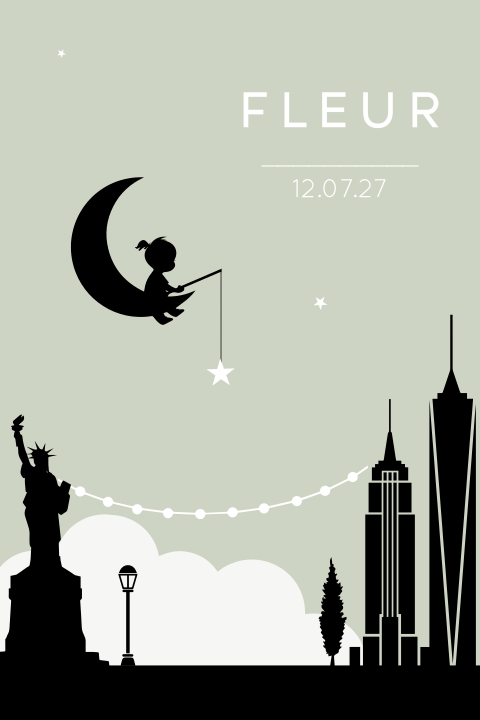 geboortekaartje silhouet New York wolkenkrabber meisje maan sterren