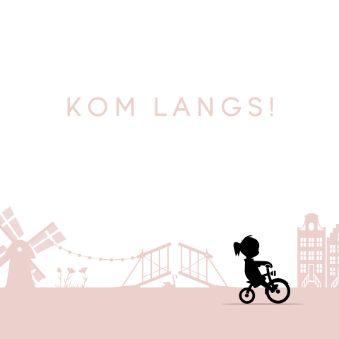 Uitnodiging kraamborrel Hollands landschap silhouet meisje fiets